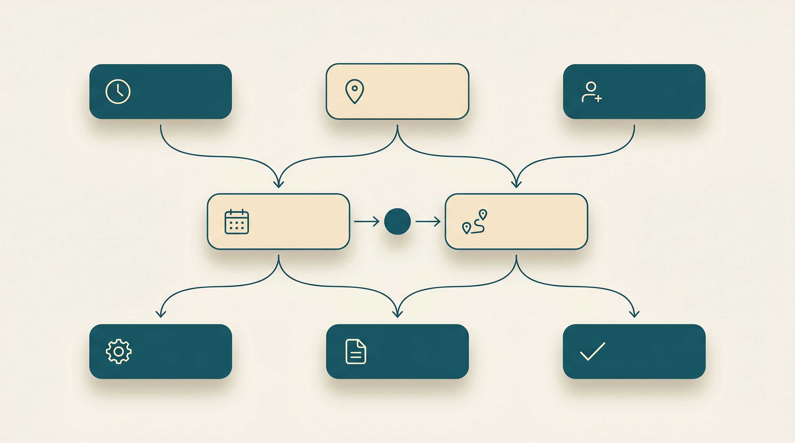 Field service management workflow diagram showing nodes for scheduling, dispatch, routing, mobile crew execution, and billing connected in three horizontal tiers.