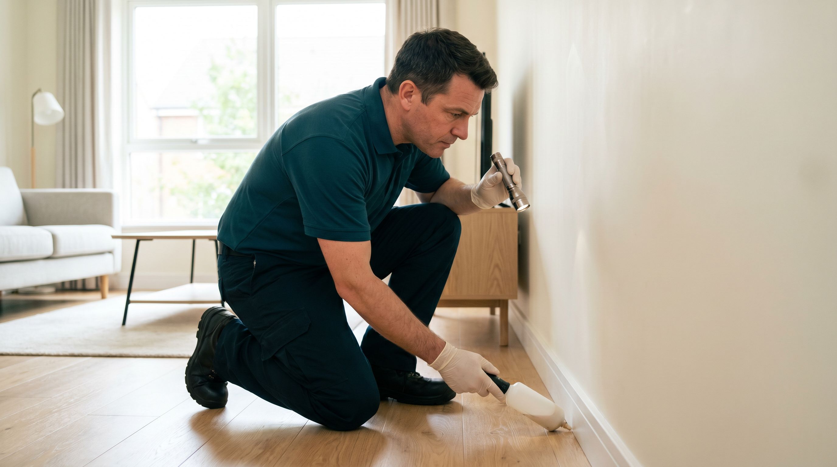 Pest control technician completing a recurring treatment visit and capturing service notes on a phone