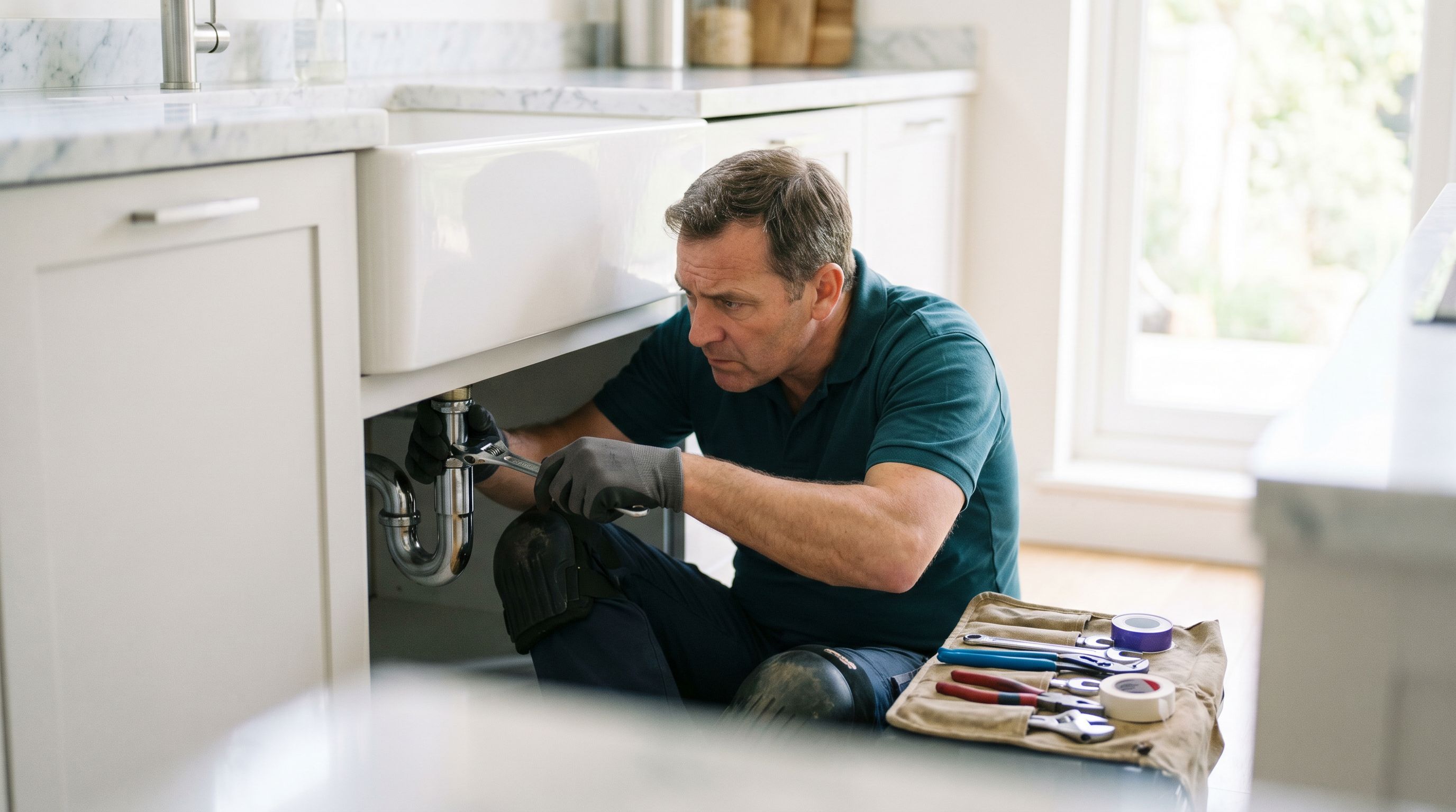 Plumber on a service call with the day's dispatch board on a tablet