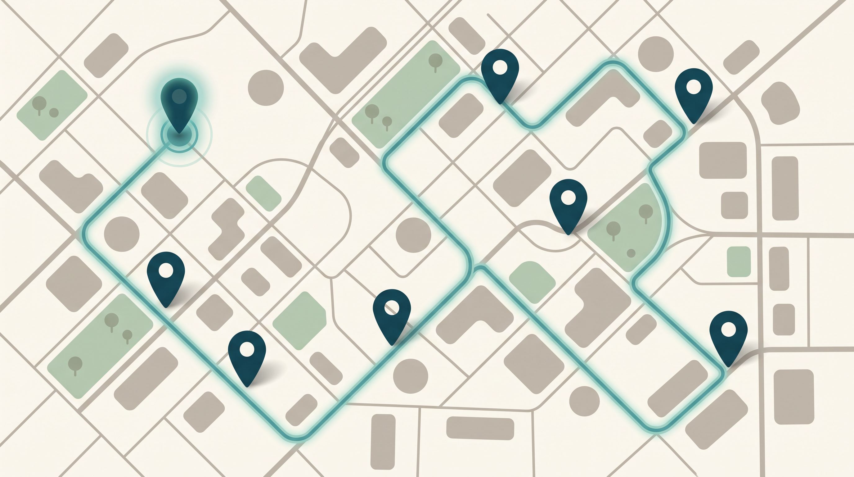 Top-down city block layout with eight teardrop pins connected by a smooth optimized route line, illustrating how route optimization orders a day of customer visits.